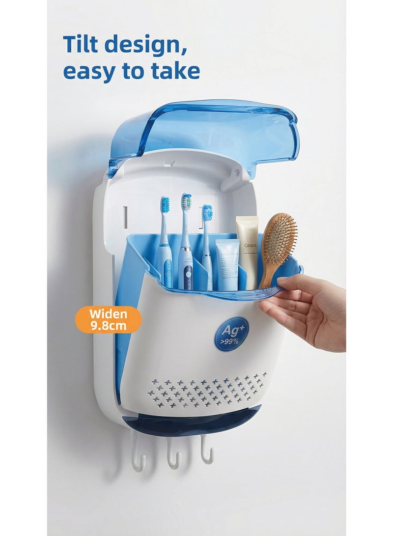 يلا اكس حامل فرشاة أسنان معلق على الحائط بسعة كبيرة، منظم حمام لفرش الأسنان الكهربائية مع غطاء واقٍ من الغبار وحامل معجون أسنان وخطافات – لون أبيض - Image 1